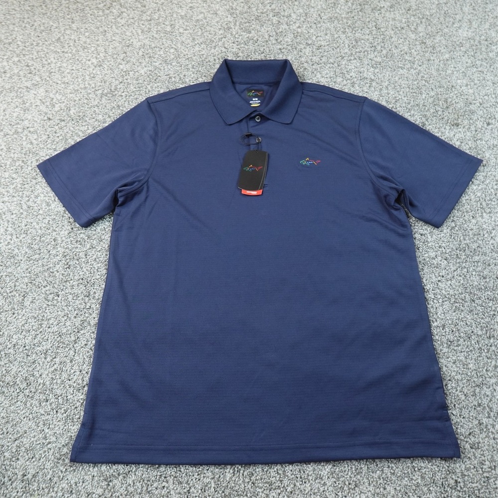 NEW Greg Norman Polo Shirt Mens M Blue Shark Logo Golf Performance Preppy Top